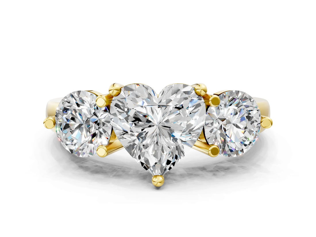 Yellow gold Three-Stone Heart Brilliant Cut Solitaire Ring with Prong Setting on a Classic Band
