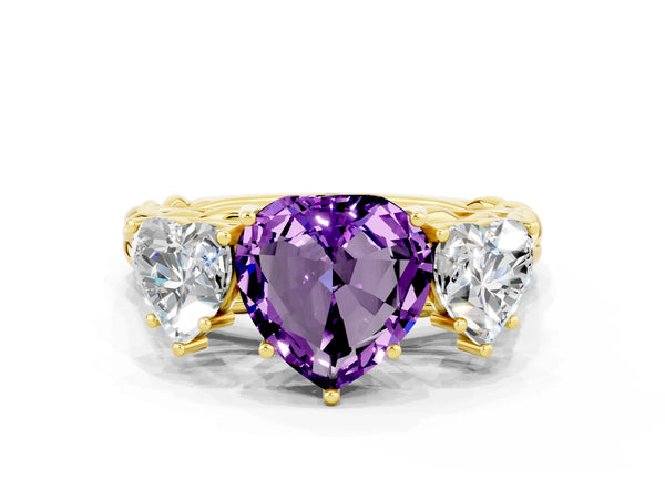 Yellow gold Three-Stone Heart Cut Amethyst Braided Band Ring with Four-Prong Setting