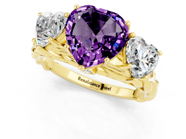 Yellow gold Three-Stone Heart Cut Amethyst Braided Band Ring with Four-Prong Setting