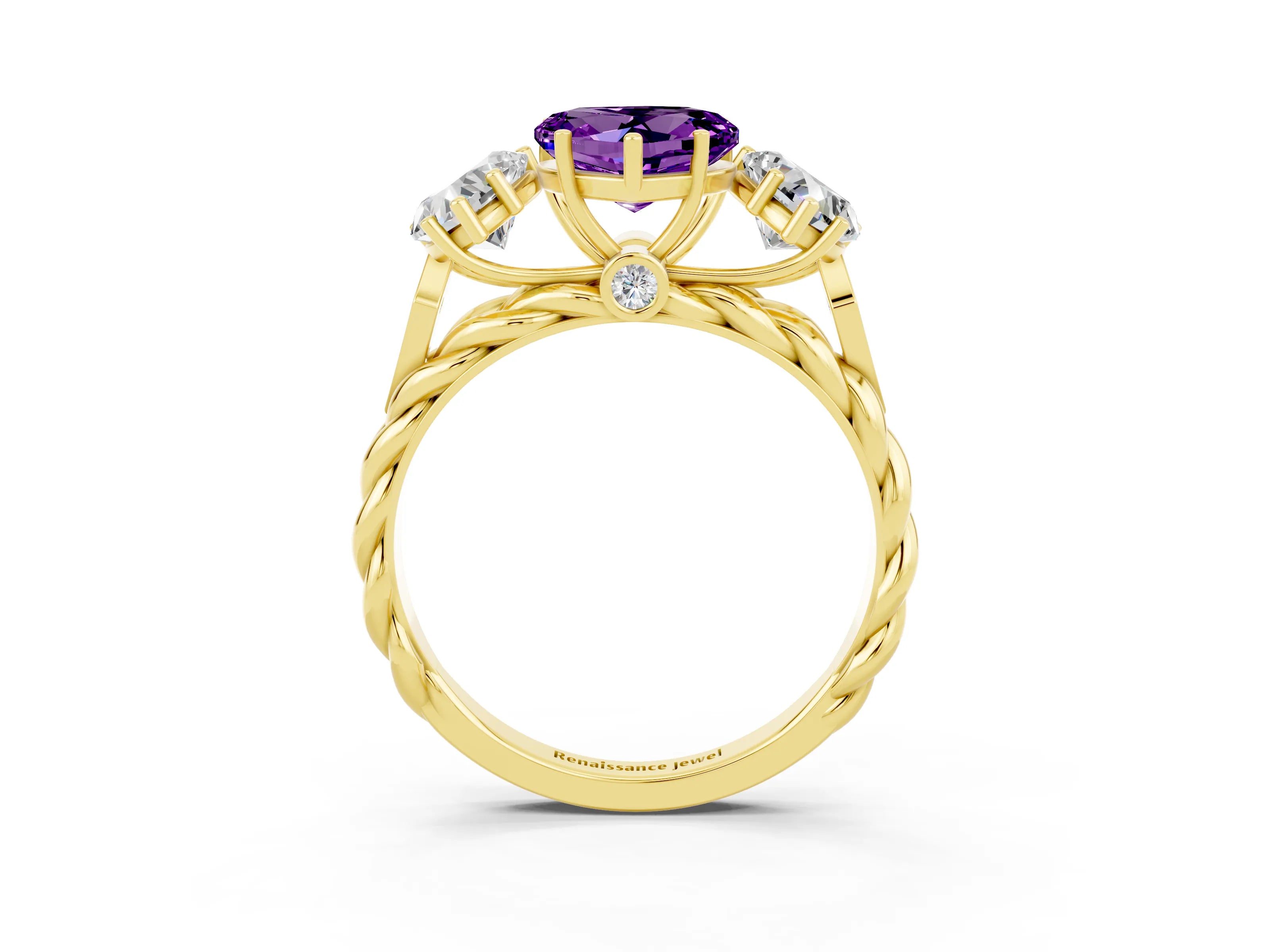 Yellow gold Three-Stone Heart Cut Amethyst Braided Band Ring with Four-Prong Setting_15