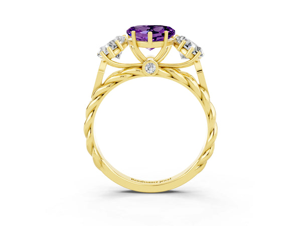 Yellow gold Three-Stone Heart Cut Amethyst Braided Band Ring with Four-Prong Setting