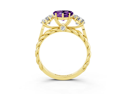 Yellow gold Three-Stone Heart Cut Amethyst Braided Band Ring with Four-Prong Setting_15