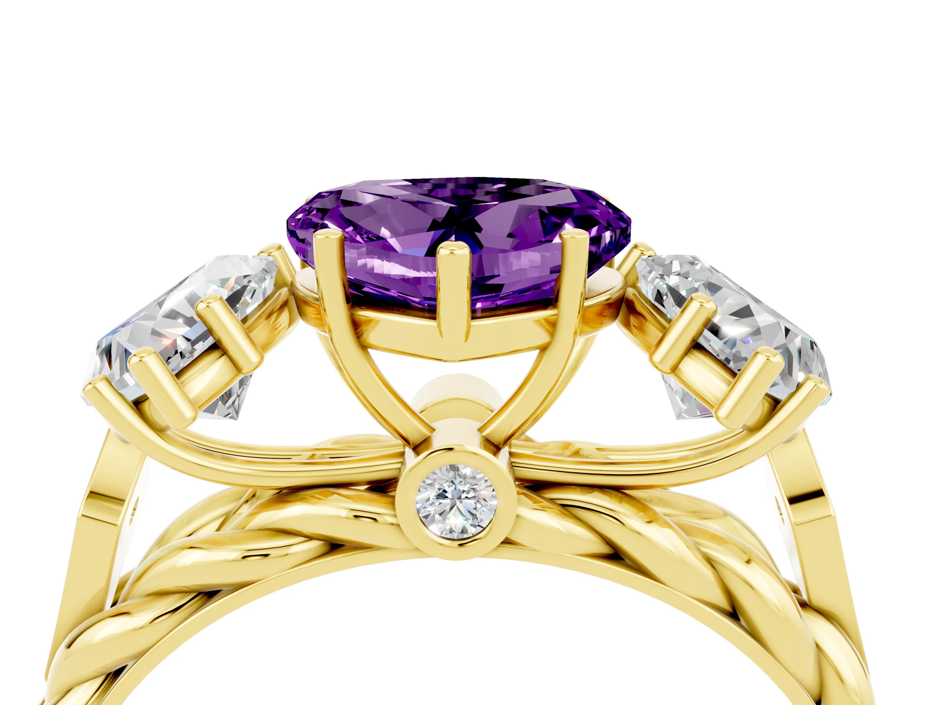 Yellow gold Three-Stone Heart Cut Amethyst Braided Band Ring with Four-Prong Setting_16