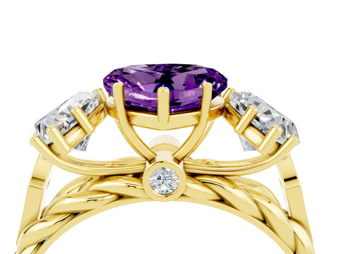 Yellow gold Three-Stone Heart Cut Amethyst Braided Band Ring with Four-Prong Setting_16