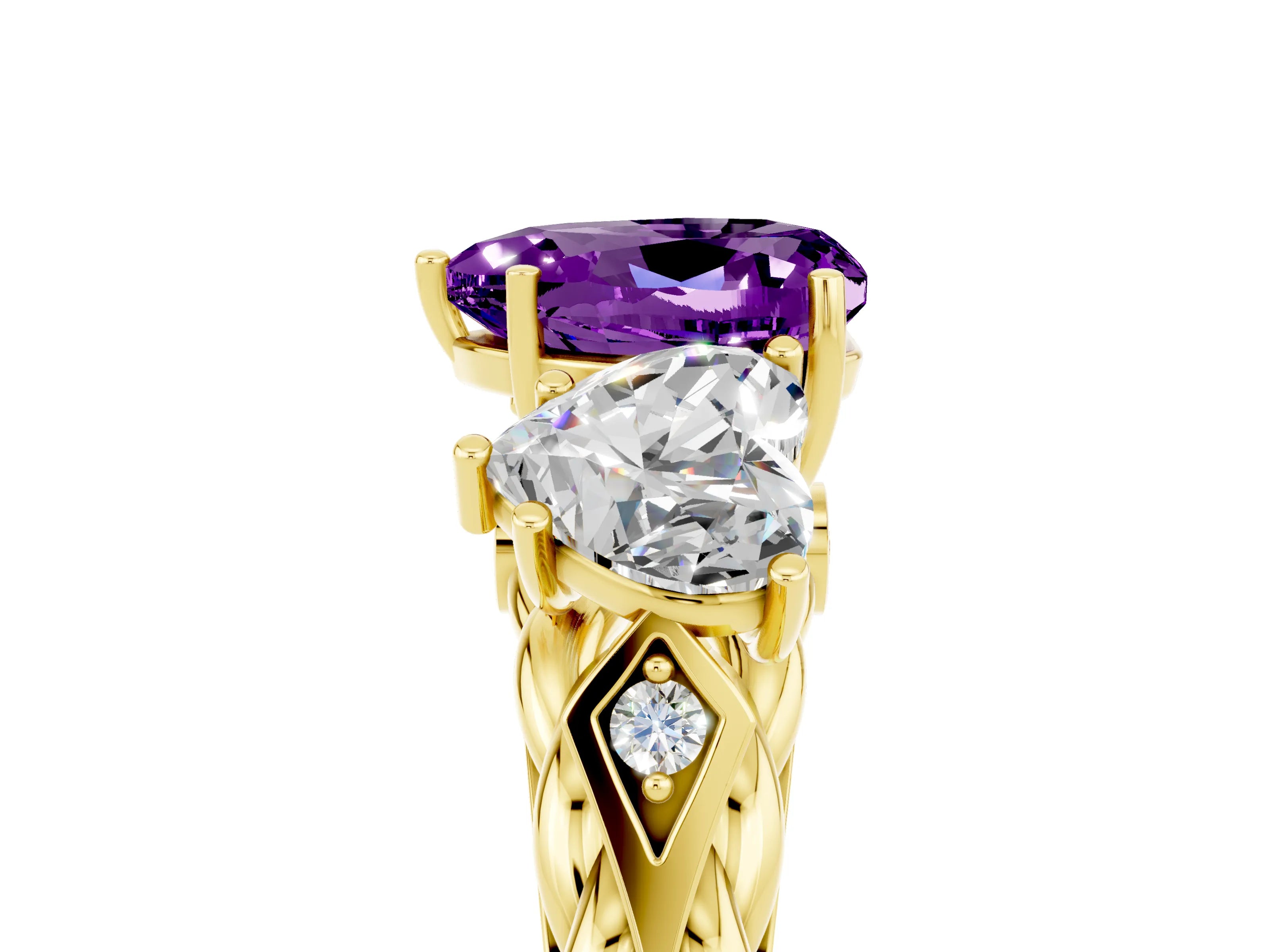 Yellow gold Three-Stone Heart Cut Amethyst Braided Band Ring with Four-Prong Setting_17