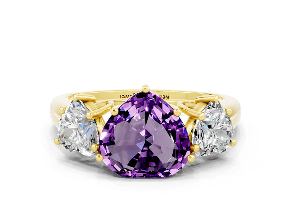 Yellow gold Three-Stone Heart Cut Amethyst Engagement Ring with Prong Setting