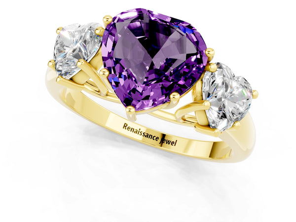 Yellow gold Three-Stone Heart Cut Amethyst Engagement Ring with Prong Setting
