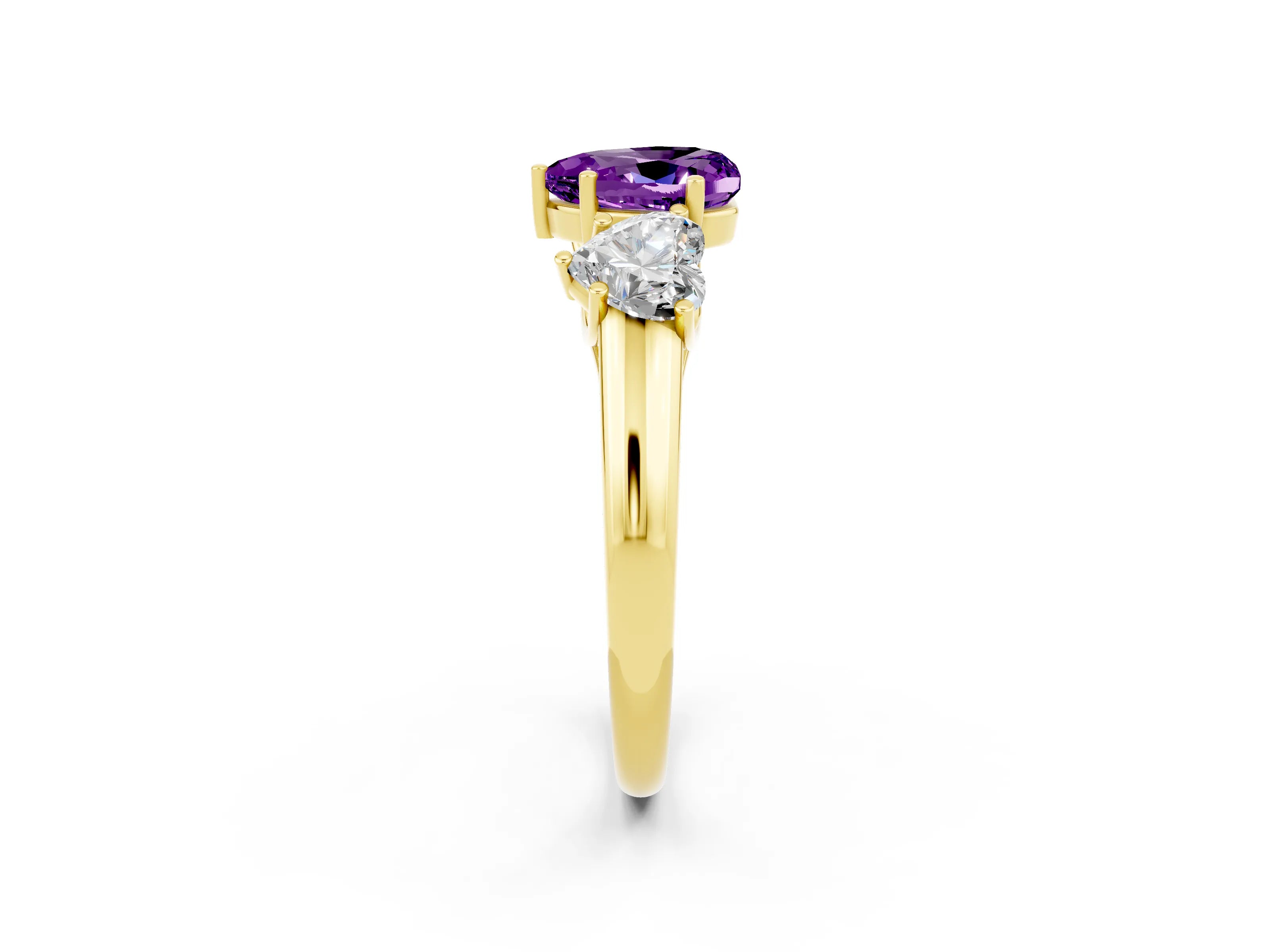Yellow gold Three-Stone Heart Cut Amethyst Engagement Ring with Prong Setting_2