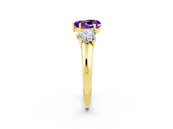 Yellow gold Three-Stone Heart Cut Amethyst Engagement Ring with Prong Setting