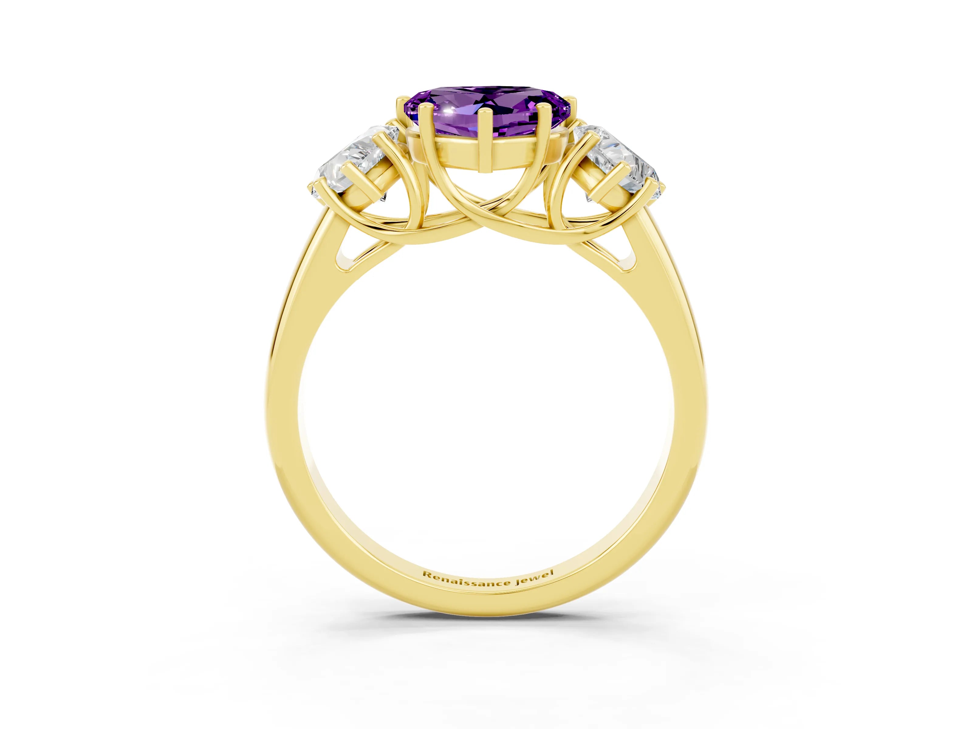 Yellow gold Three-Stone Heart Cut Amethyst Engagement Ring with Prong Setting_3