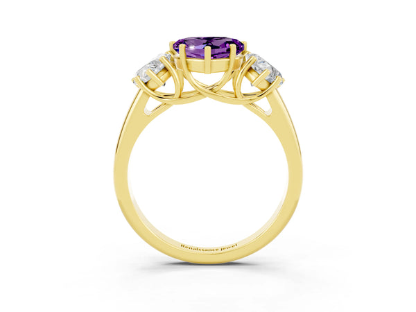 Yellow gold Three-Stone Heart Cut Amethyst Engagement Ring with Prong Setting