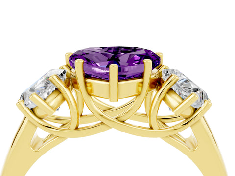 Yellow gold Three-Stone Heart Cut Amethyst Engagement Ring with Prong Setting_4