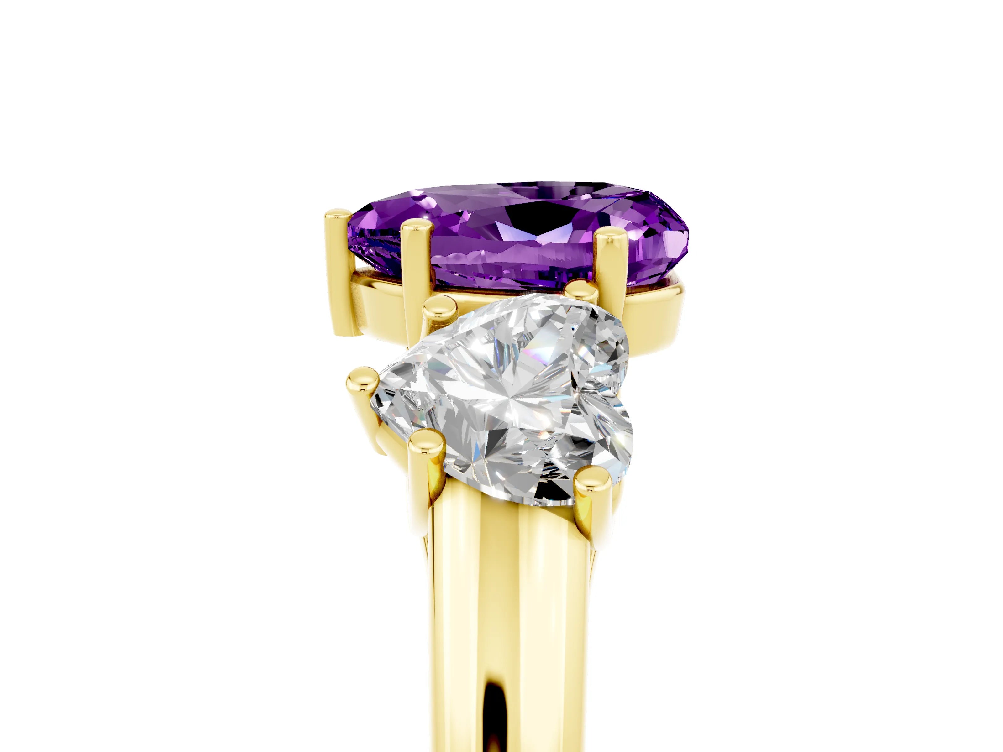 Yellow gold Three-Stone Heart Cut Amethyst Engagement Ring with Prong Setting_5
