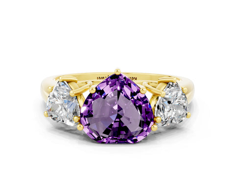 Yellow gold Three-Stone Heart Cut Amethyst Engagement Ring with Prong Setting