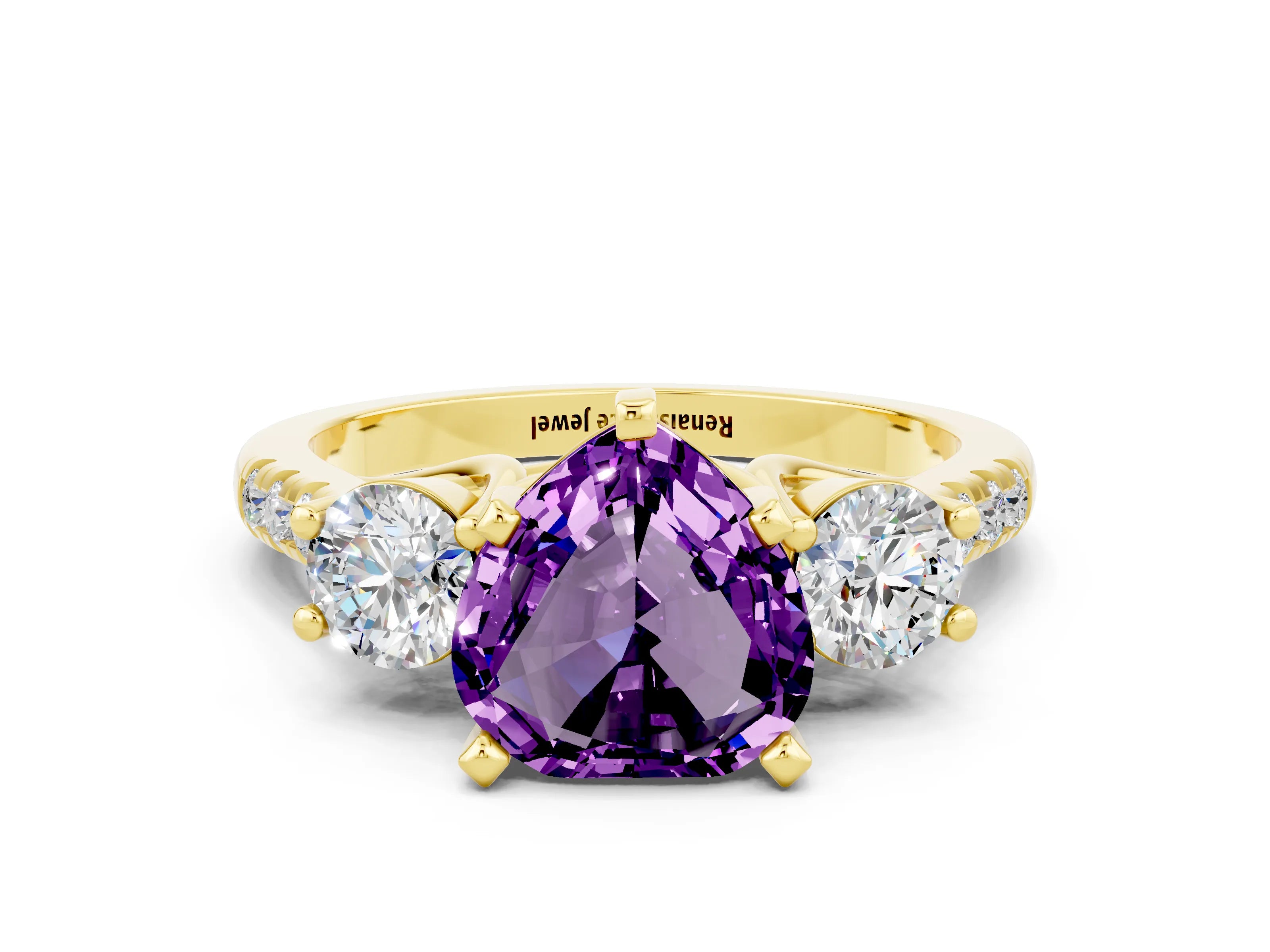 Yellow gold Three-Stone Heart Cut Amethyst Pavé Band with Four-Prong Setting