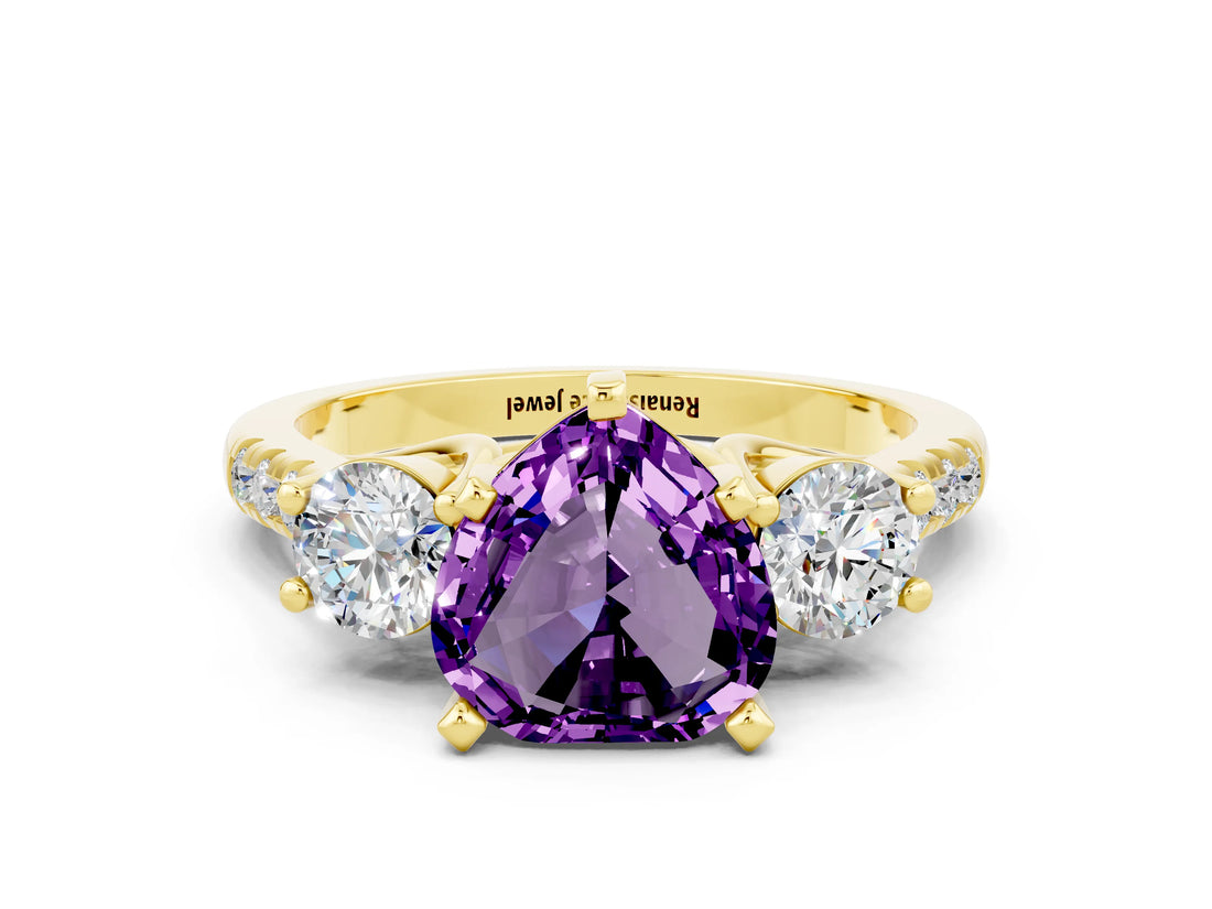 Yellow gold Three-Stone Heart Cut Amethyst Pavé Band with Four-Prong Setting