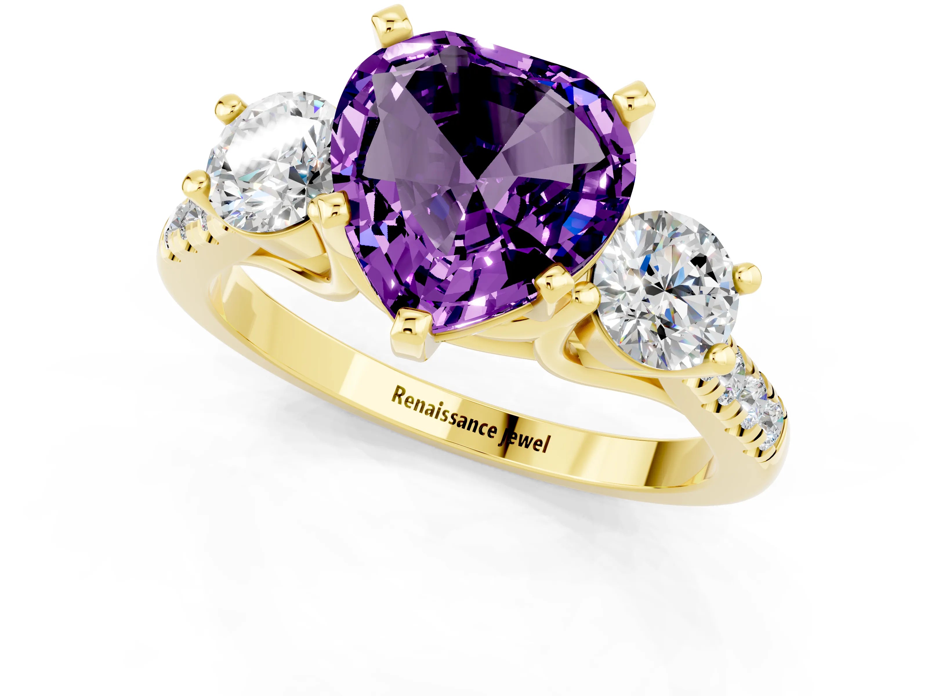 Yellow gold Three-Stone Heart Cut Amethyst Pavé Band with Four-Prong Setting_1