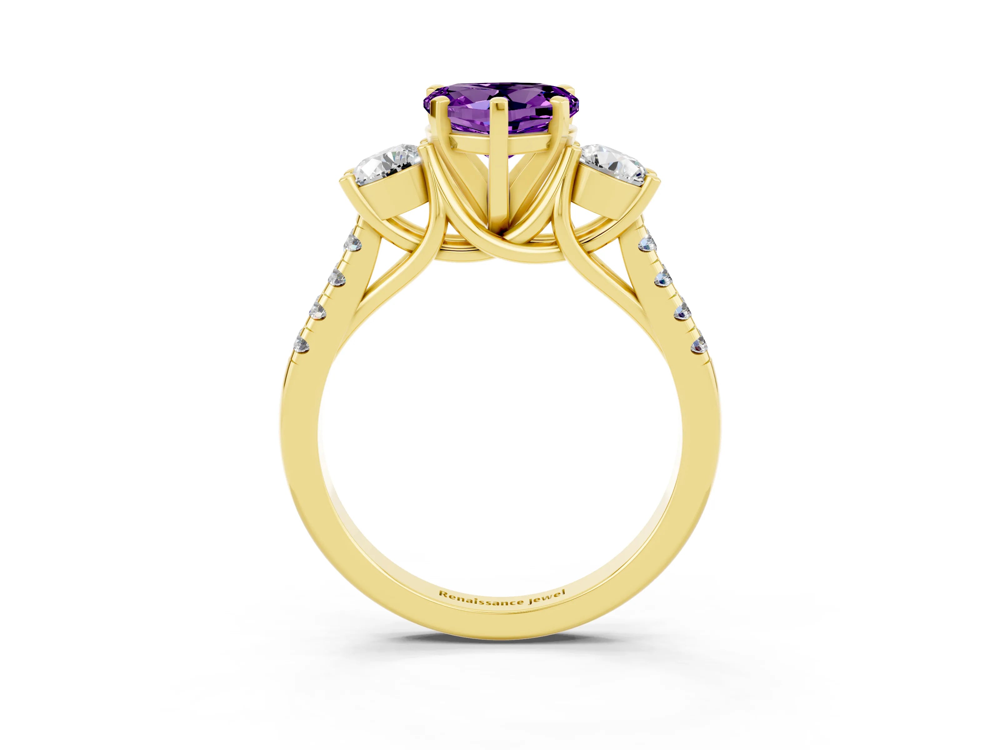 Yellow gold Three-Stone Heart Cut Amethyst Pavé Band with Four-Prong Setting_3