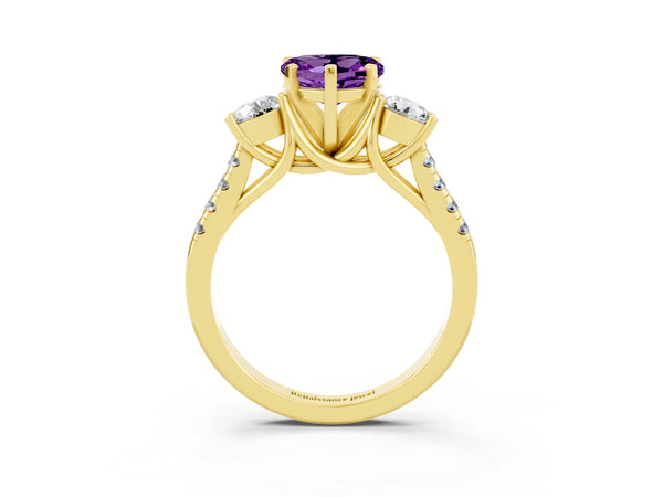 Yellow gold Three-Stone Heart Cut Amethyst Pavé Band with Four-Prong Setting