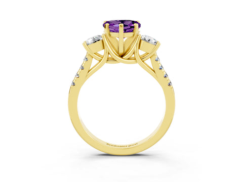 Yellow gold Three-Stone Heart Cut Amethyst Pavé Band with Four-Prong Setting_3