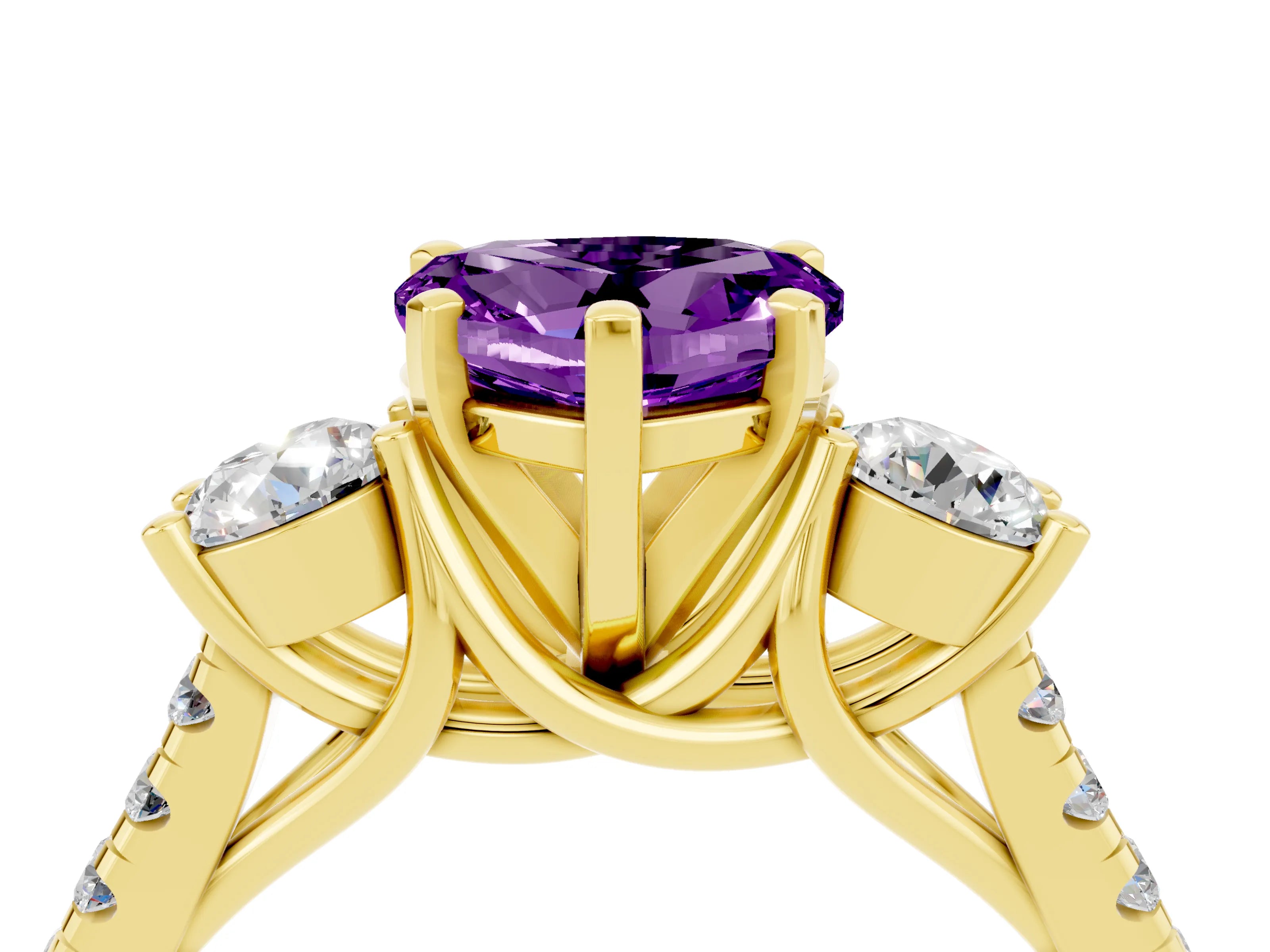 Yellow gold Three-Stone Heart Cut Amethyst Pavé Band with Four-Prong Setting_4