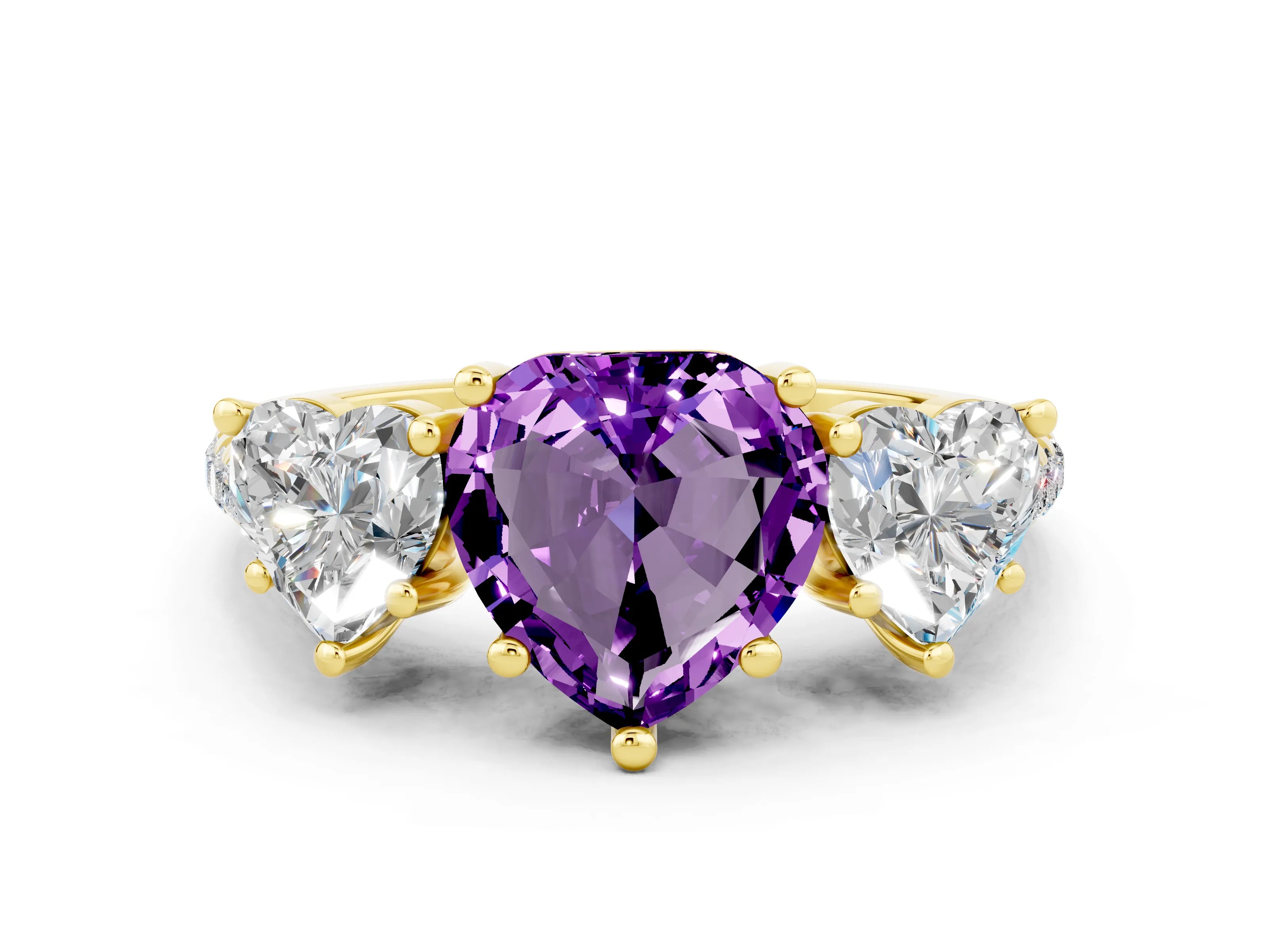 Yellow gold Three-Stone Heart Cut Amethyst Ring with Pavé Band and Prong Setting_12