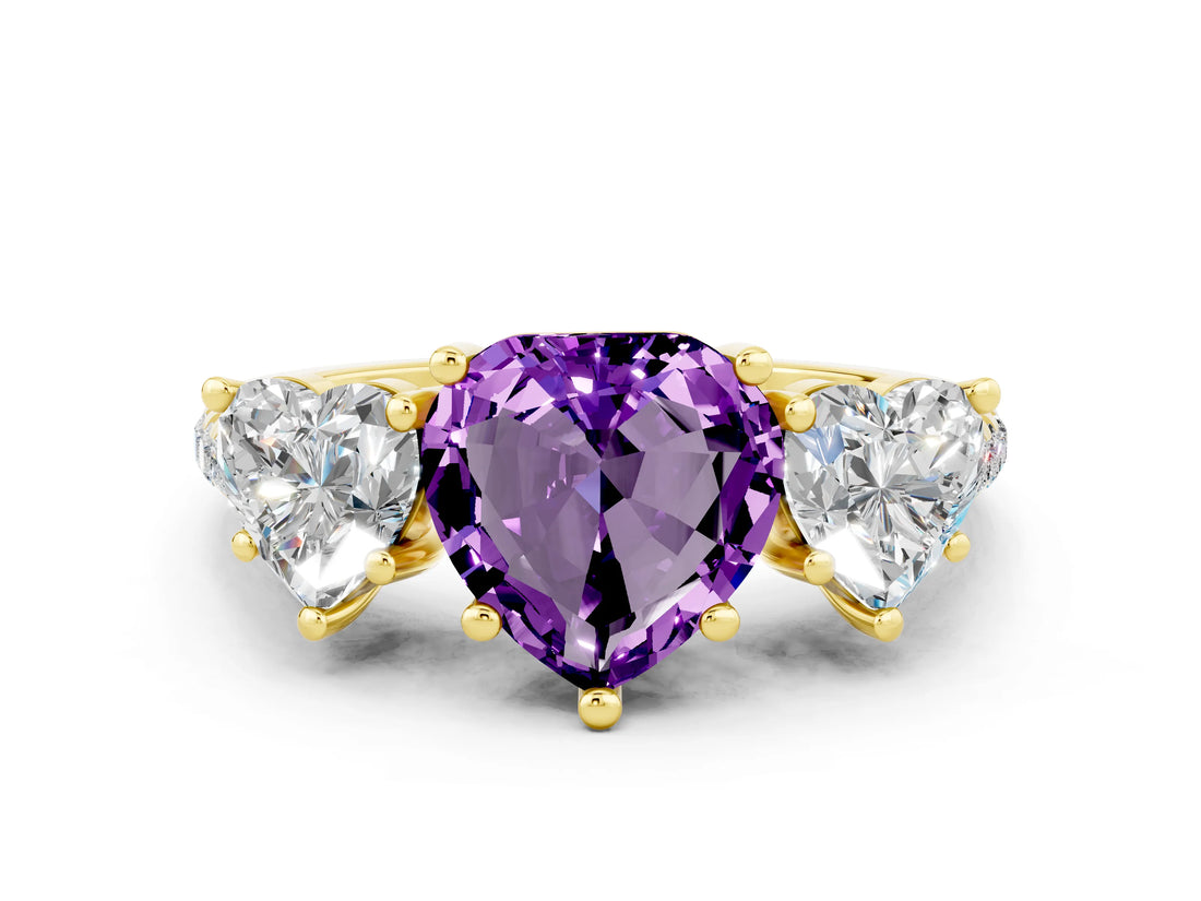 Yellow gold Three-Stone Heart Cut Amethyst Ring with Pavé Band and Prong Setting_12