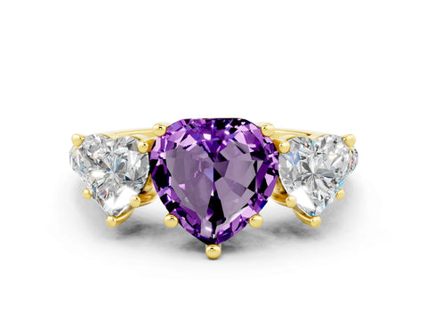 Yellow gold Three-Stone Heart Cut Amethyst Ring with Pavé Band and Prong Setting_12