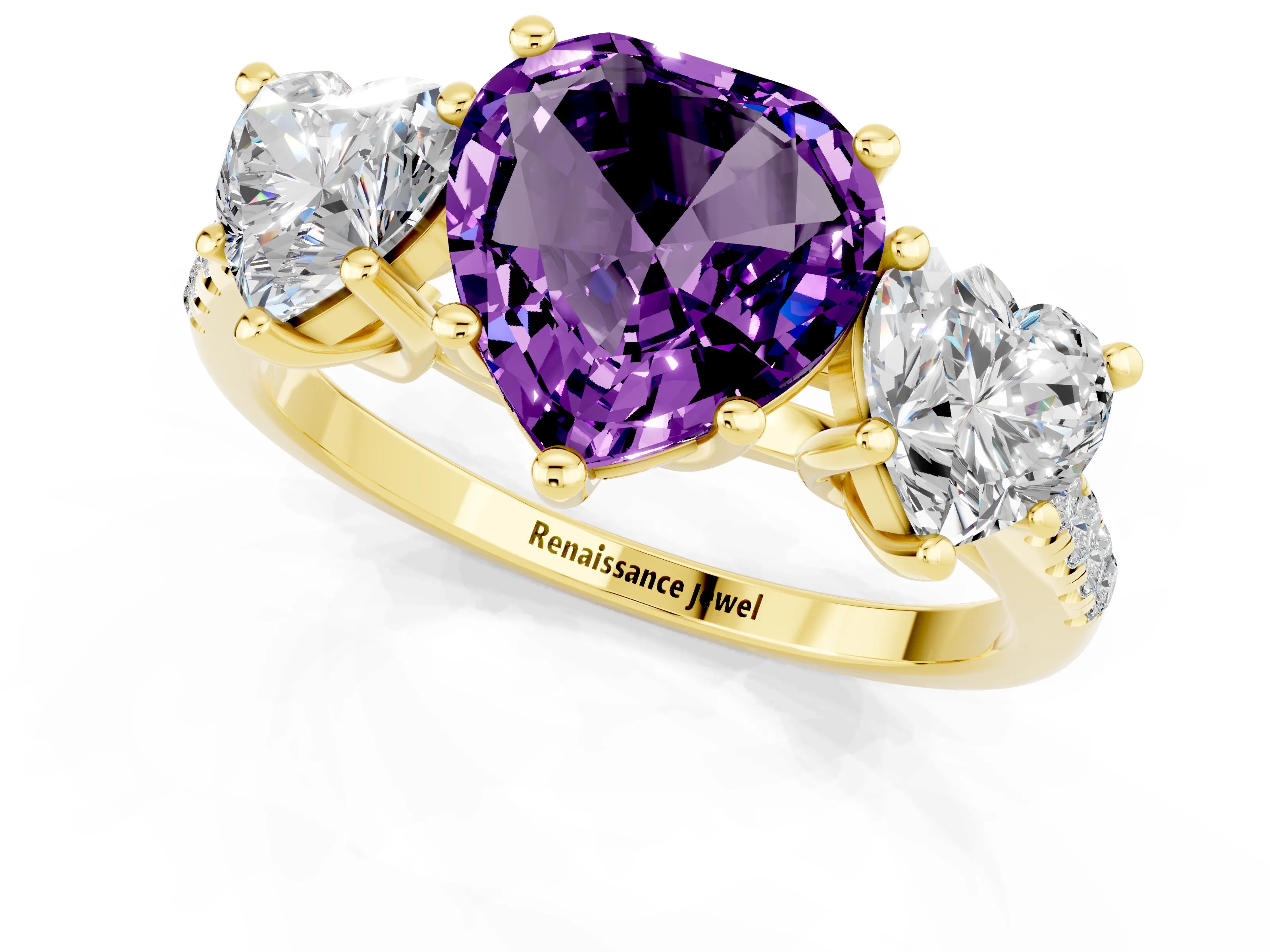 Yellow gold Three-Stone Heart Cut Amethyst Ring with Pavé Band and Prong Setting_13