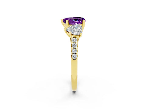 Yellow gold Three-Stone Heart Cut Amethyst Ring with Pavé Band and Prong Setting_14