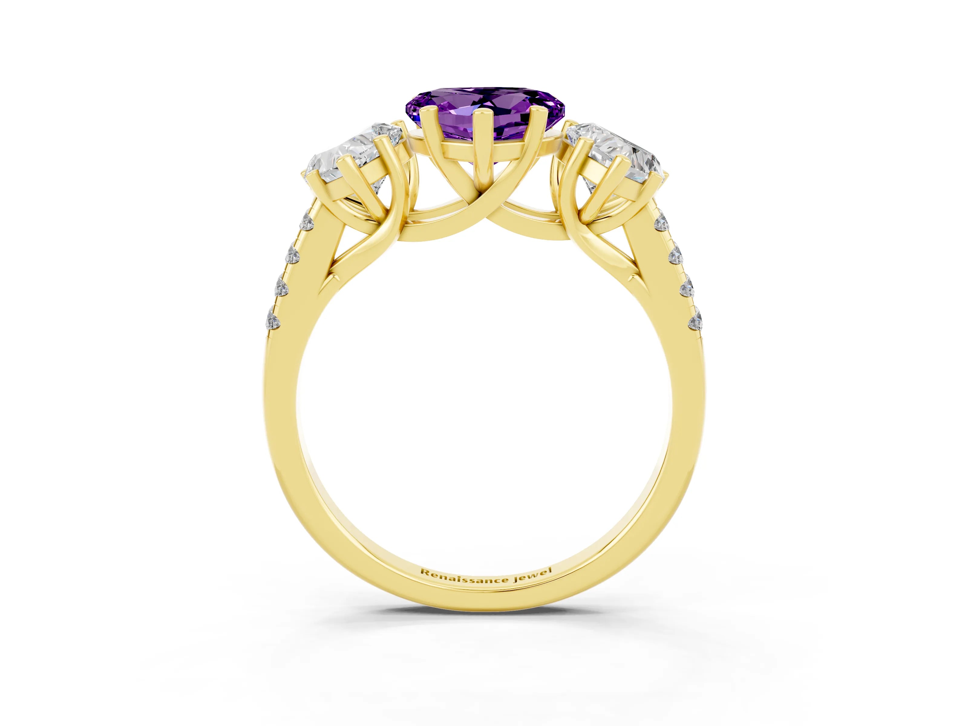 Yellow gold Three-Stone Heart Cut Amethyst Ring with Pavé Band and Prong Setting_15