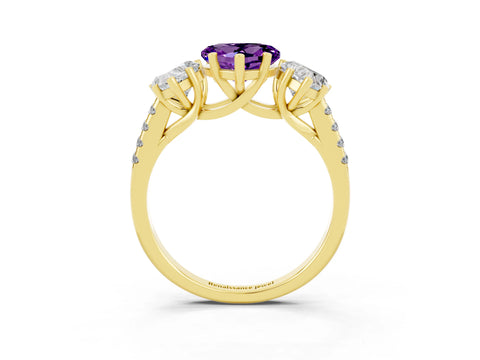 Yellow gold Three-Stone Heart Cut Amethyst Ring with Pavé Band and Prong Setting_15