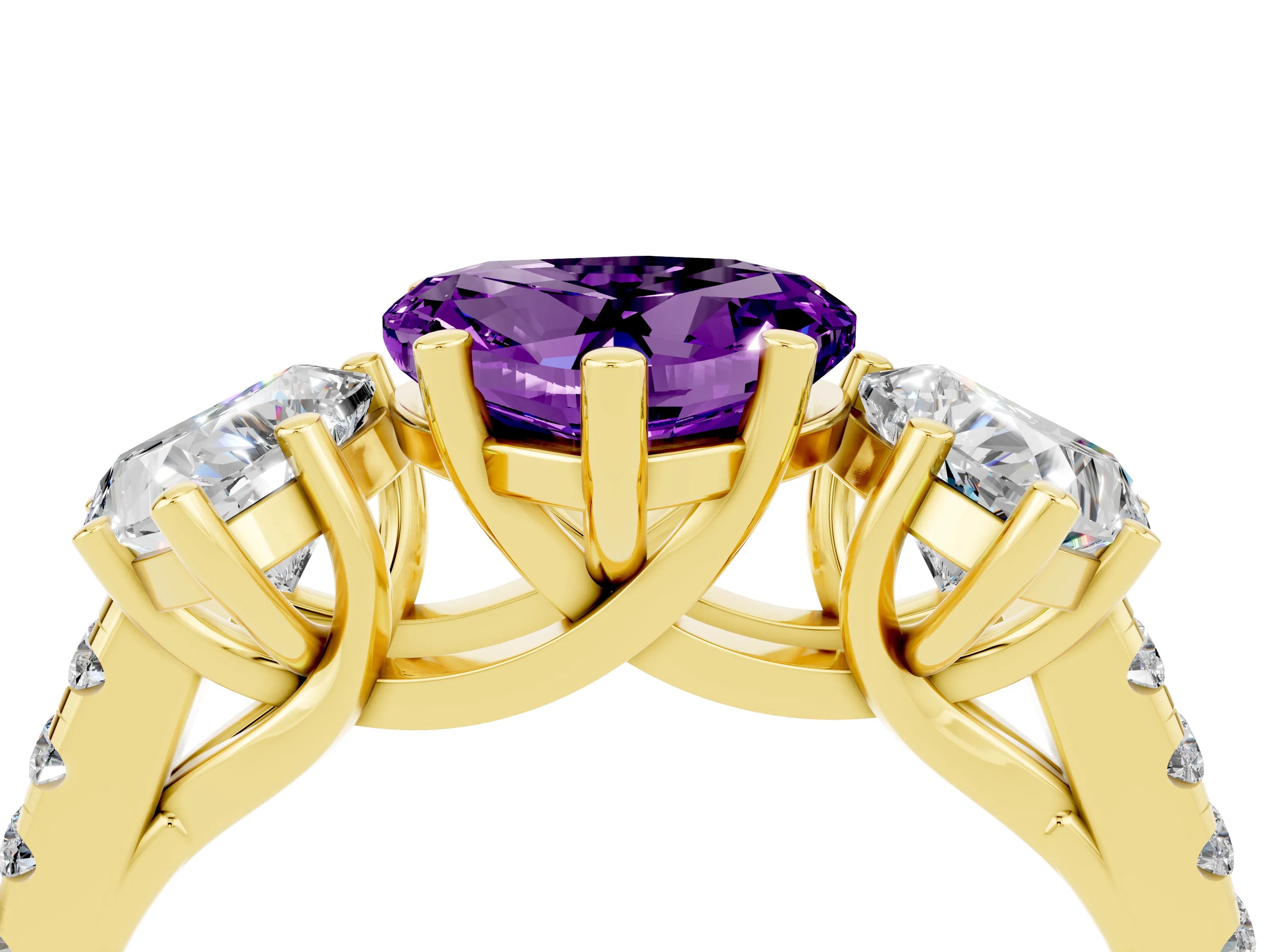 Yellow gold Three-Stone Heart Cut Amethyst Ring with Pavé Band and Prong Setting_16