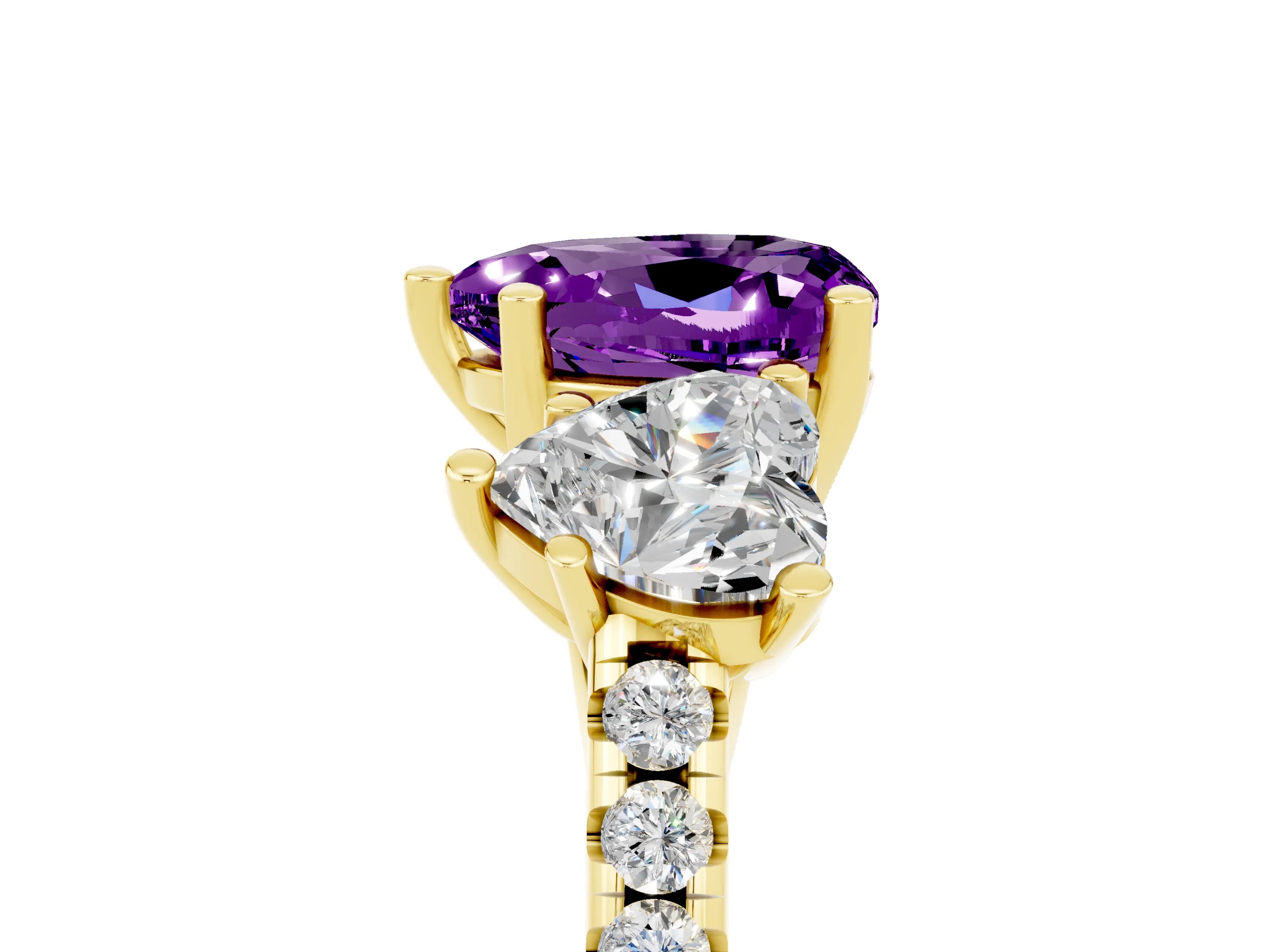 Yellow gold Three-Stone Heart Cut Amethyst Ring with Pavé Band and Prong Setting_17