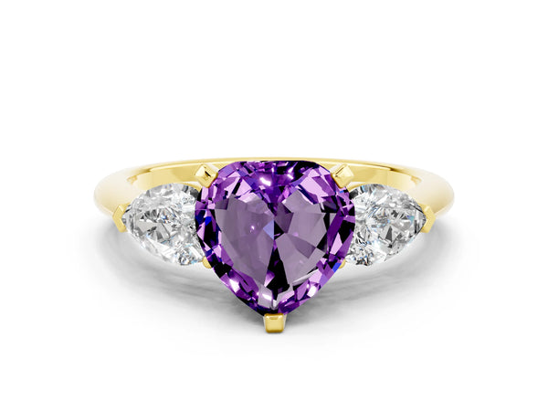 Yellow gold Three-Stone Heart Cut Amethyst Ring with Pear Side Stones and Four-Prong Setting