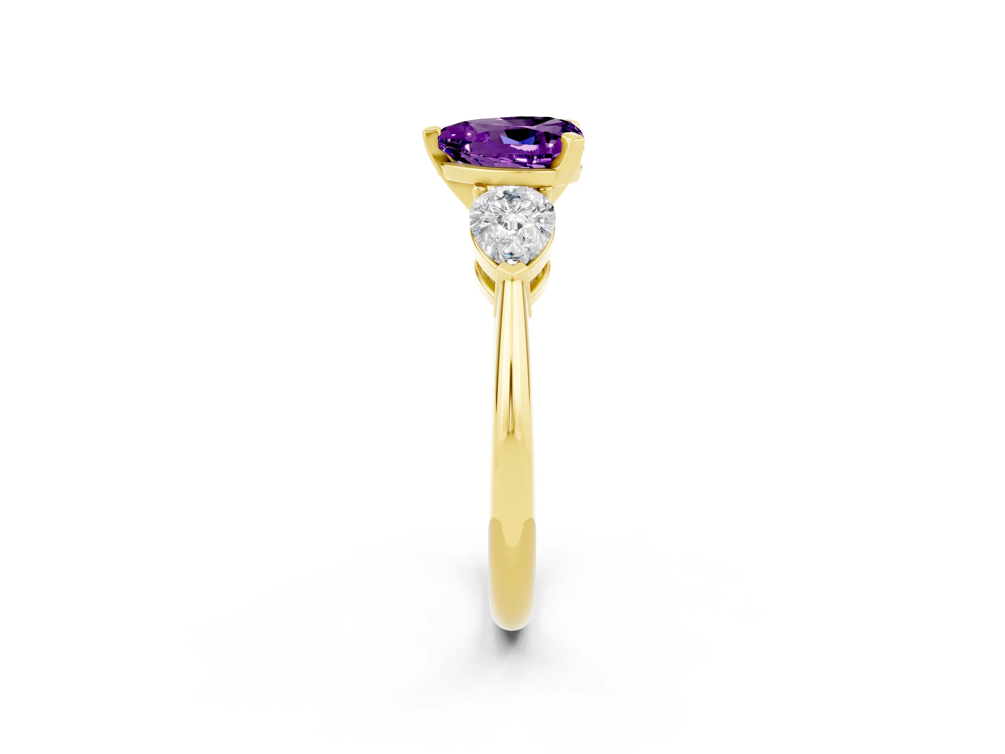 Yellow gold Three-Stone Heart Cut Amethyst Ring with Pear Side Stones and Four-Prong Setting_2