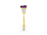 Yellow gold Three-Stone Heart Cut Amethyst Ring with Pear Side Stones and Four-Prong Setting_2