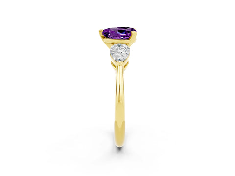 Yellow gold Three-Stone Heart Cut Amethyst Ring with Pear Side Stones and Four-Prong Setting_2