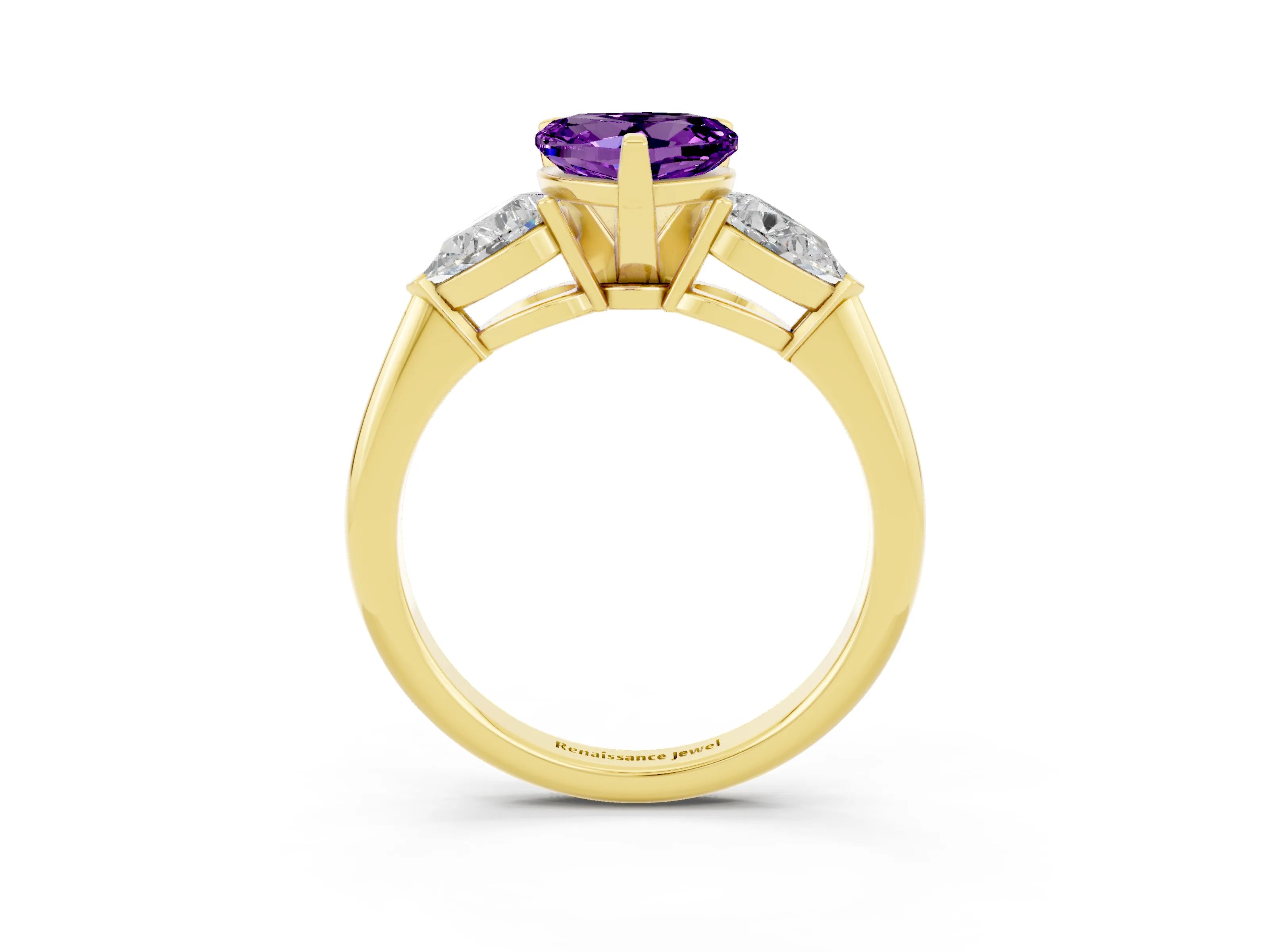 Yellow gold Three-Stone Heart Cut Amethyst Ring with Pear Side Stones and Four-Prong Setting_3