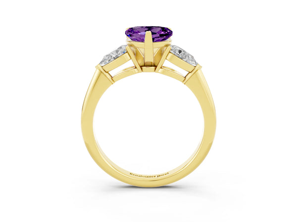Yellow gold Three-Stone Heart Cut Amethyst Ring with Pear Side Stones and Four-Prong Setting