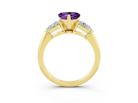 Yellow gold Three-Stone Heart Cut Amethyst Ring with Pear Side Stones and Four-Prong Setting_3