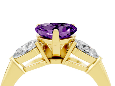Yellow gold Three-Stone Heart Cut Amethyst Ring with Pear Side Stones and Four-Prong Setting_4