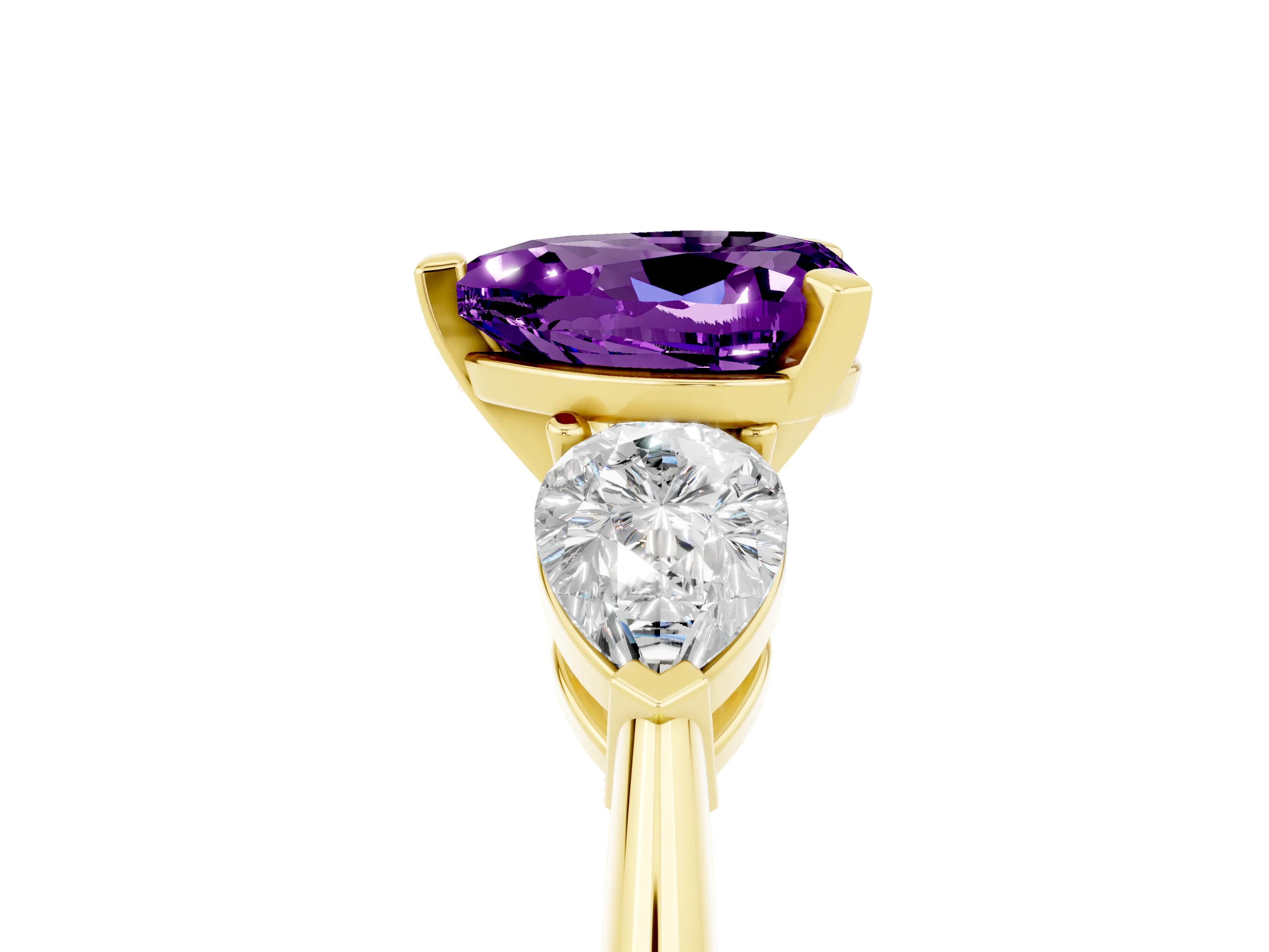 Yellow gold Three-Stone Heart Cut Amethyst Ring with Pear Side Stones and Four-Prong Setting_5