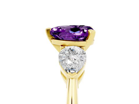 Yellow gold Three-Stone Heart Cut Amethyst Ring with Pear Side Stones and Four-Prong Setting_5