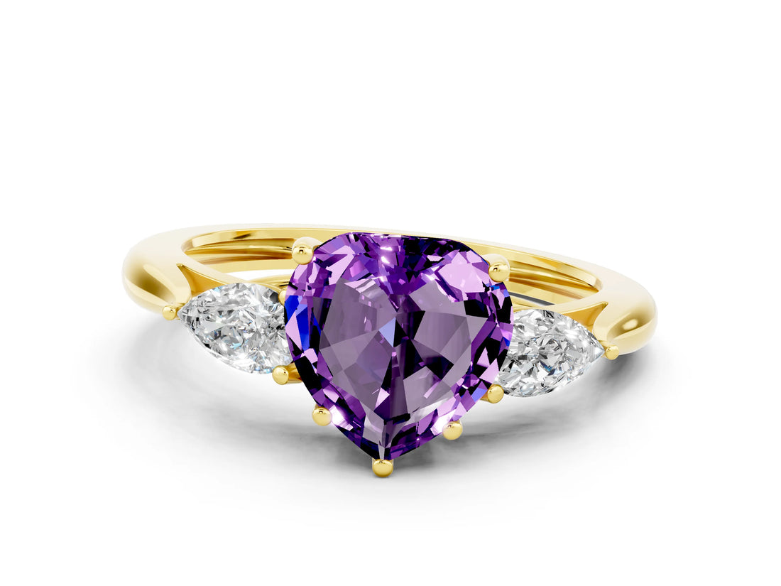 Yellow gold Three-Stone Heart Cut Amethyst Ring with Pear  Side Stones in Four-Prong Setting_12