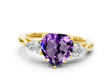 Yellow gold Three-Stone Heart Cut Amethyst Ring with Pear  Side Stones in Four-Prong Setting_12