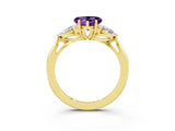 Yellow gold Three-Stone Heart Cut Amethyst Ring with Pear  Side Stones in Four-Prong Setting_15