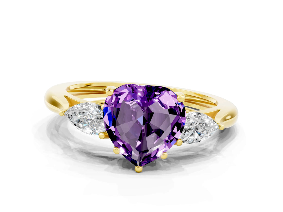 Yellow gold Three-Stone Heart Cut Amethyst Ring with Pear  Side Stones in Four-Prong Setting_36