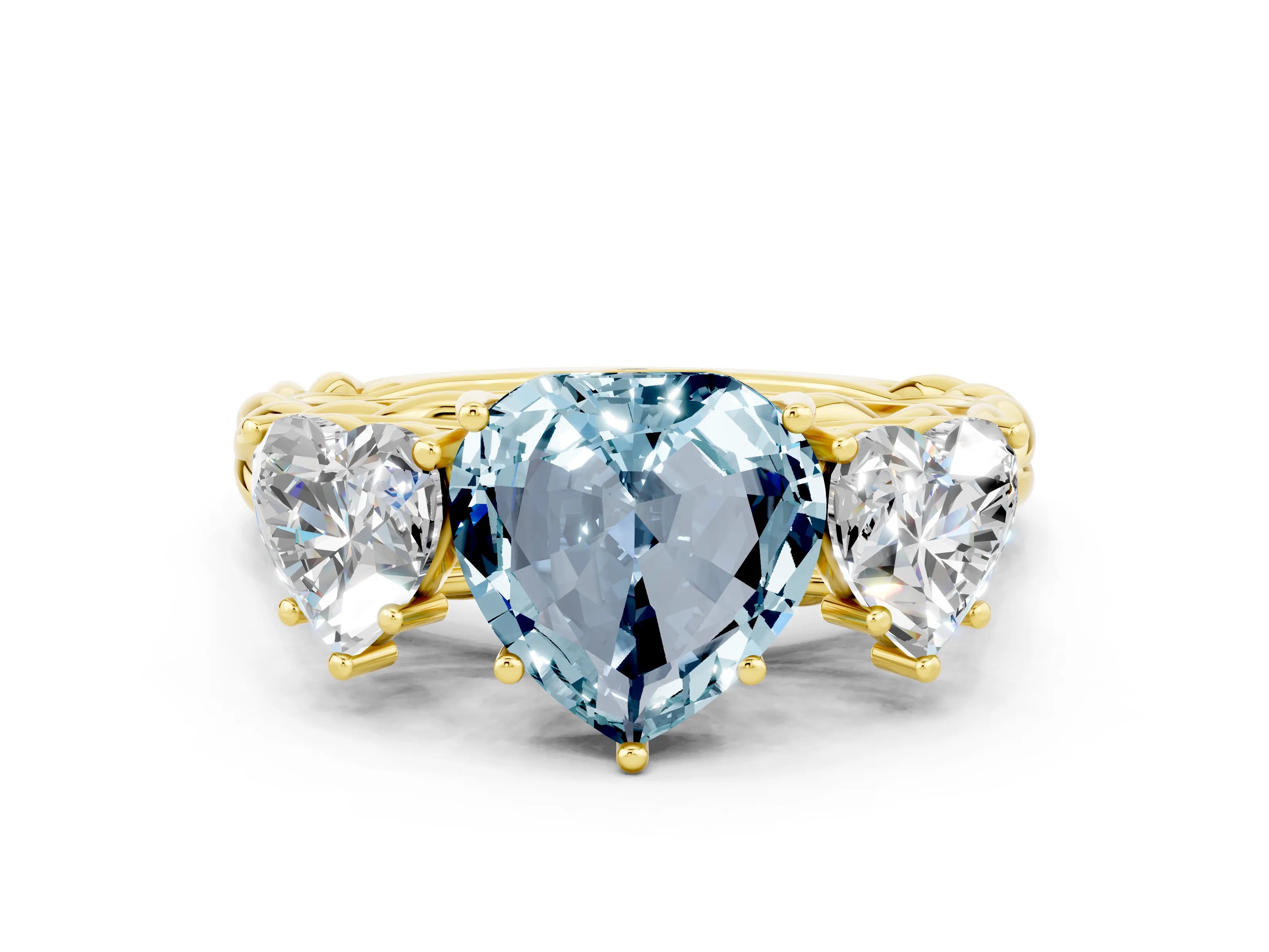 Yellow gold Three-Stone Heart Cut Aquamarine Braided Band Ring with Four-Prong Setting_12
