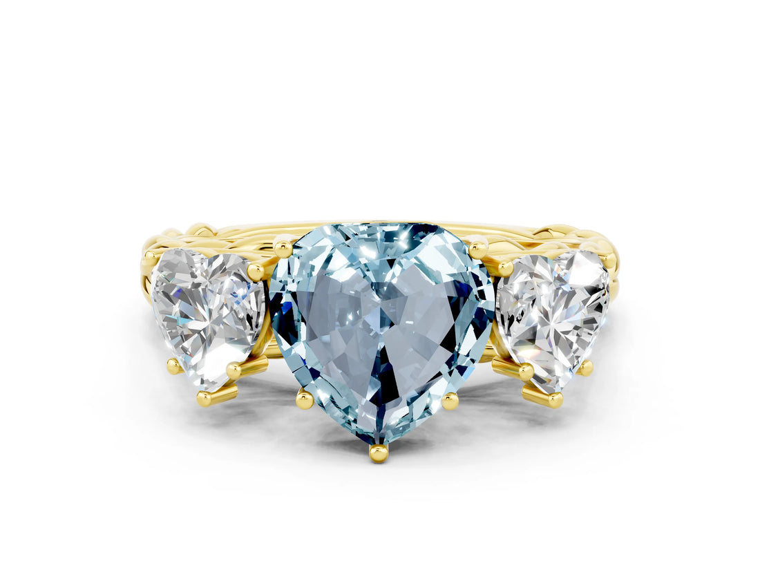 Yellow gold Three-Stone Heart Cut Aquamarine Braided Band Ring with Four-Prong Setting_12